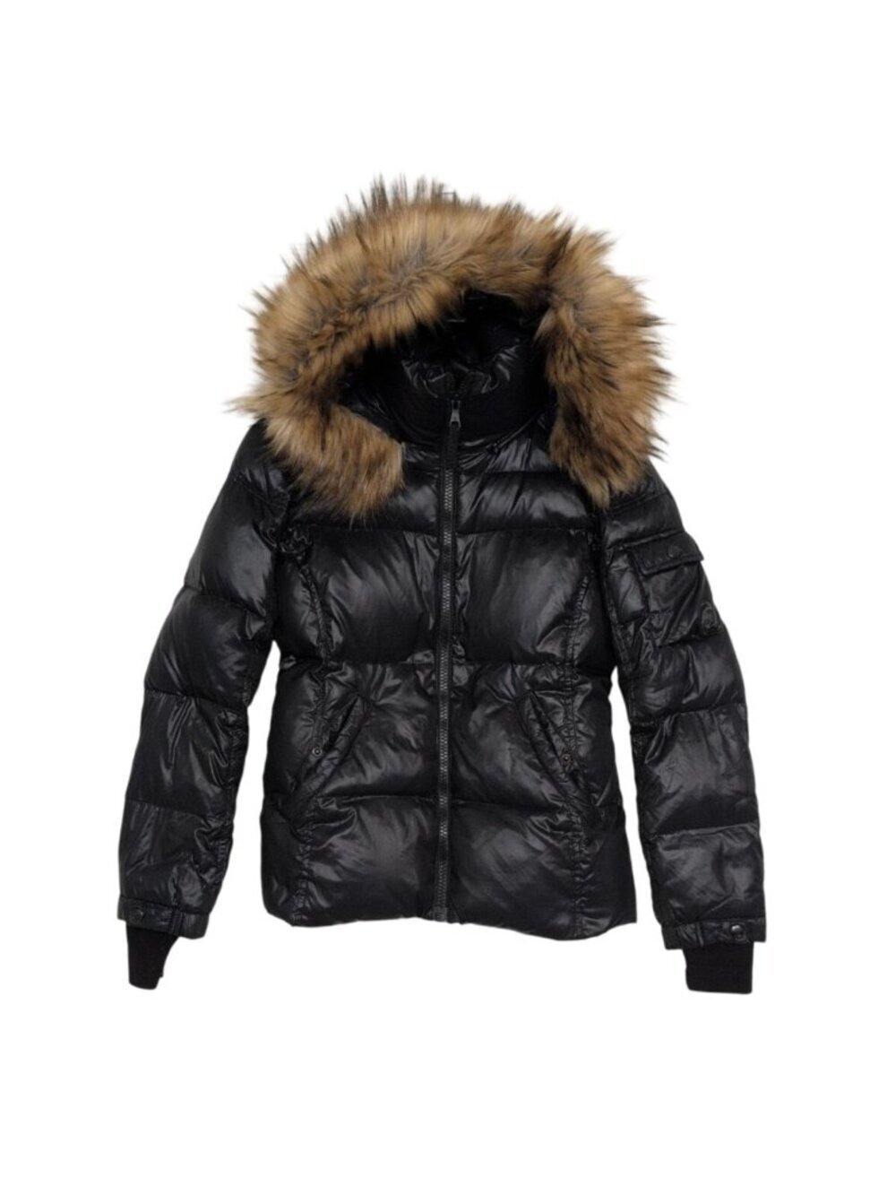 S13 Duck Down Puffer Coat Womens Size Small Black Removable Faux Fur Trim Hood